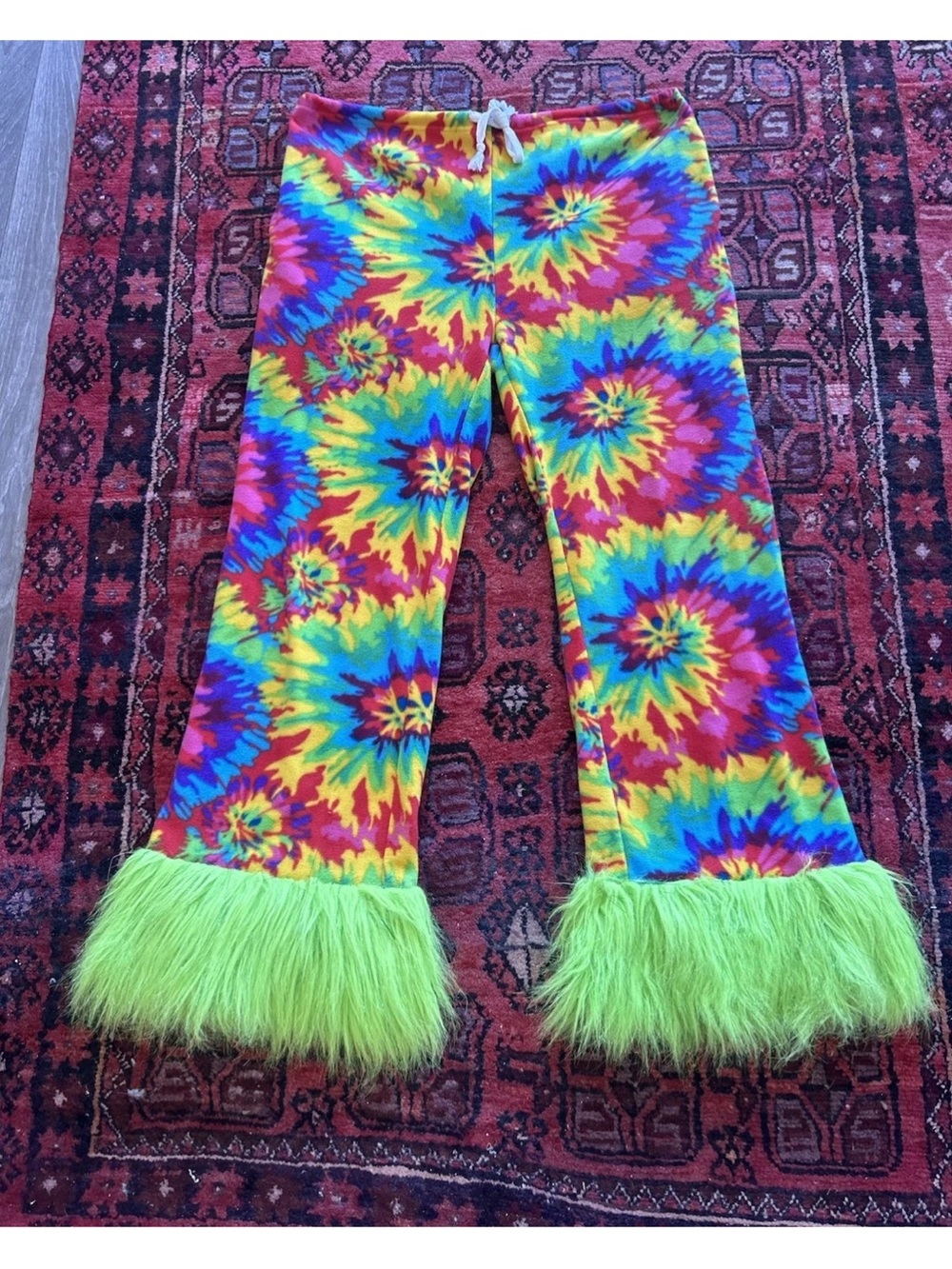 Grandma Pants Tie Dye Faux Fur Bell Bottom Festival Rave Pants L Burning Man - Picture 12 of 14